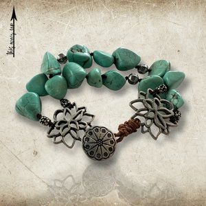 Double Strand Turquoise Stone & Silver Lotus Bracelet